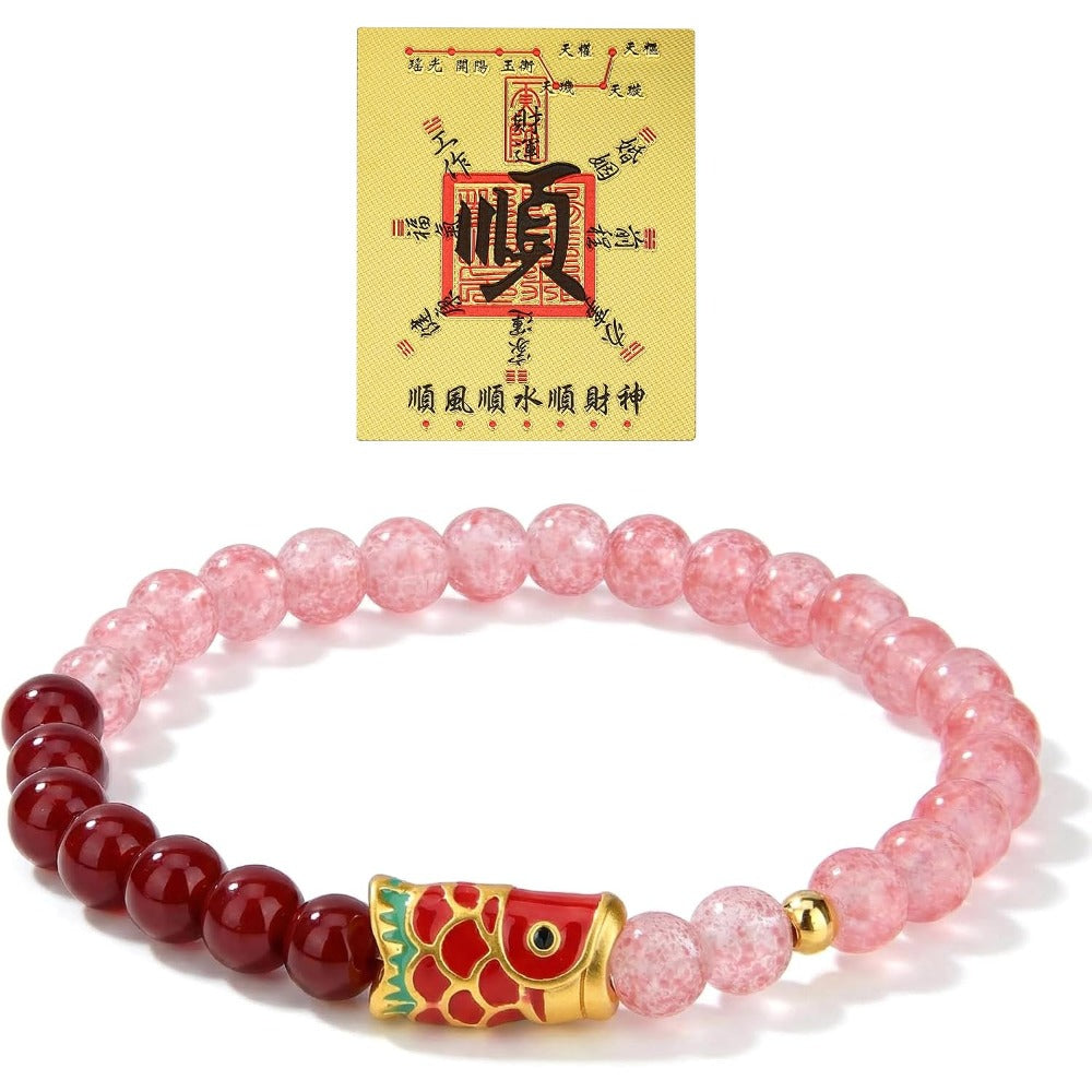 Feng Shui Wealth and Luck Bracelet with Gold Foil Five Gods Amulet-Red Agate Cinnabar Gemstone Bracelet for Prosperity, Protection & Success, Lucky Charm Gift for Men & Women