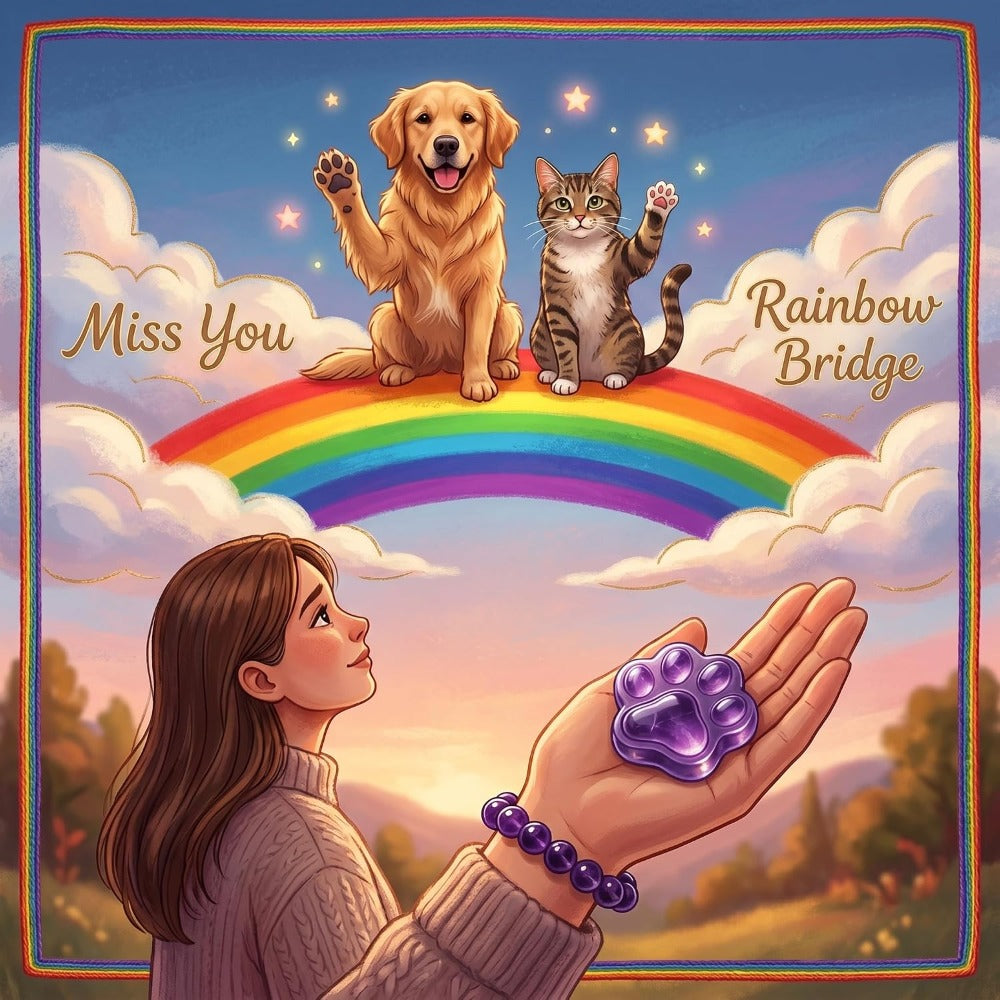 Amethyst Pet Memorial Gift Set, Natural Paw Print Stone with 6mm Bracelet, Rainbow Bridge Sympathy Keepsake for Loss of Dog or Cat