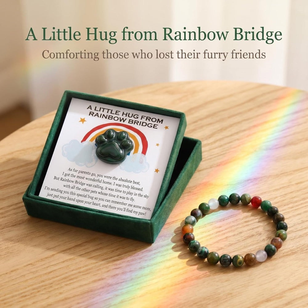 Green Agate Pet Memorial Gift Set, Natural Paw Print Stone with 6mm Bracelet, Rainbow Bridge Sympathy Keepsake for Loss of Dog or Cat