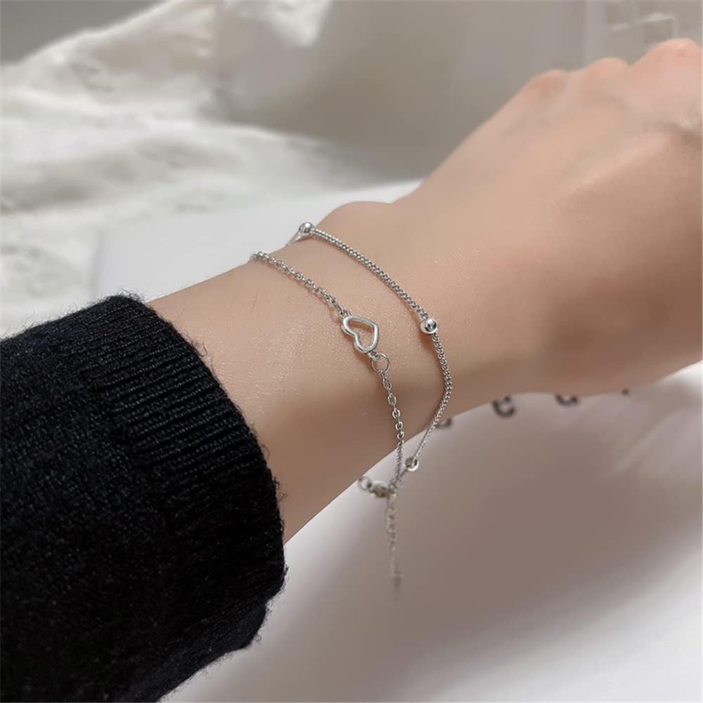 925 Sterling Silver Bracelet for Women, Love Heart Chain Bracelet Bangle, Women’s Link Bracelets