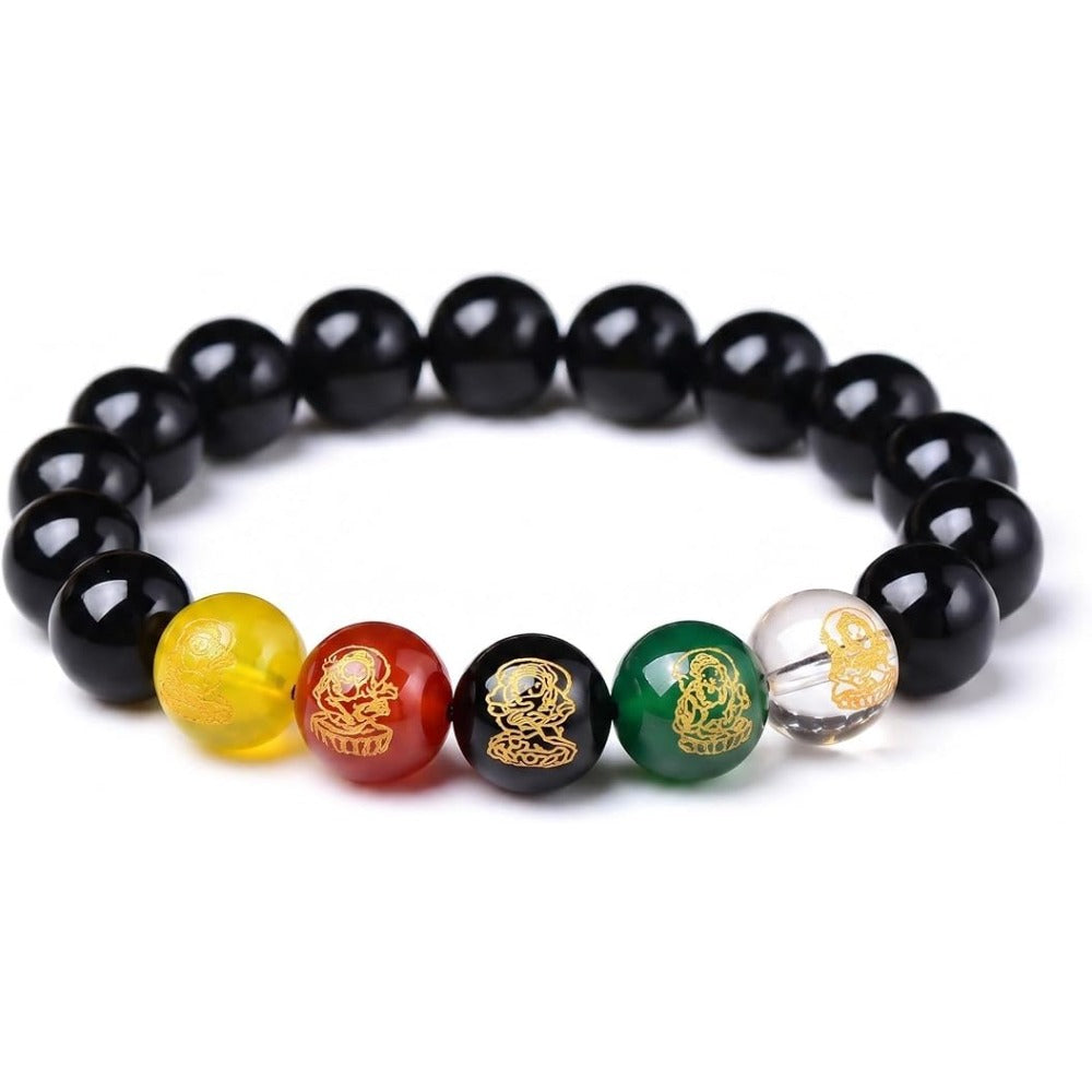 Feng Shui Wealth and Luck Bracelet with Gold Foil Five Gods Amulet-Red Agate Cinnabar Gemstone Bracelet for Prosperity, Protection & Success, Lucky Charm Gift for Men & Women