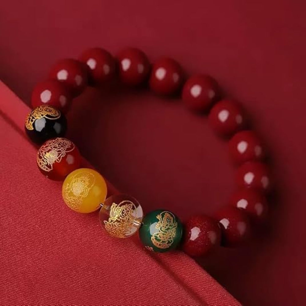 Feng Shui Wealth and Luck Bracelet with Gold Foil Five Gods Amulet-Red Agate Cinnabar Gemstone Bracelet for Prosperity, Protection & Success, Lucky Charm Gift for Men & Women