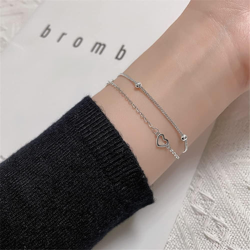 925 Sterling Silver Bracelet for Women, Love Heart Chain Bracelet Bangle, Women’s Link Bracelets