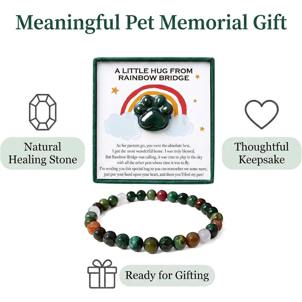 Green Agate Pet Memorial Gift Set, Natural Paw Print Stone with 6mm Bracelet, Rainbow Bridge Sympathy Keepsake for Loss of Dog or Cat