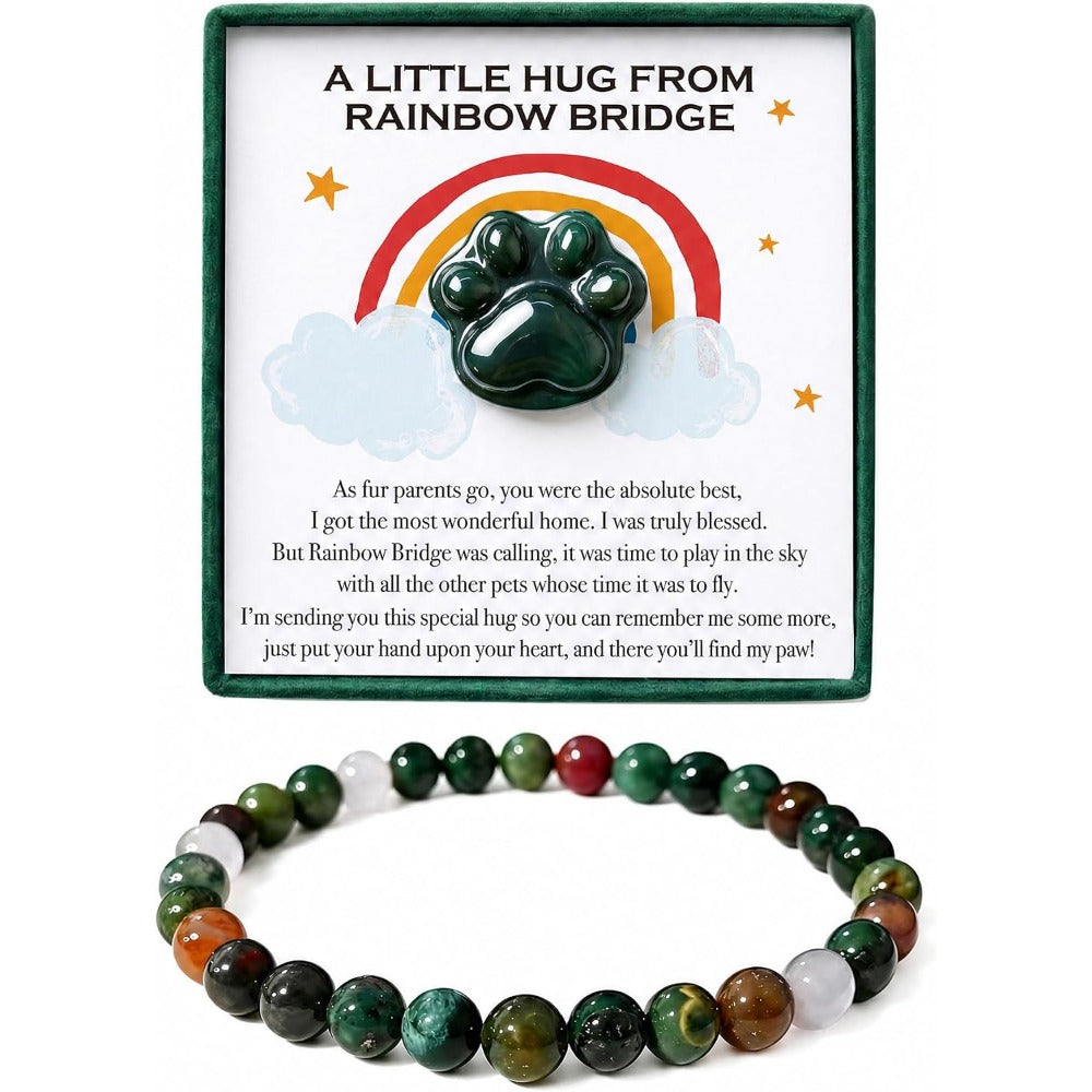 Green Agate Pet Memorial Gift Set, Natural Paw Print Stone with 6mm Bracelet, Rainbow Bridge Sympathy Keepsake for Loss of Dog or Cat