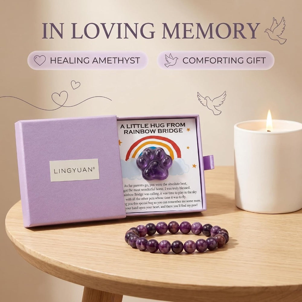 Amethyst Pet Memorial Gift Set, Natural Paw Print Stone with 6mm Bracelet, Rainbow Bridge Sympathy Keepsake for Loss of Dog or Cat