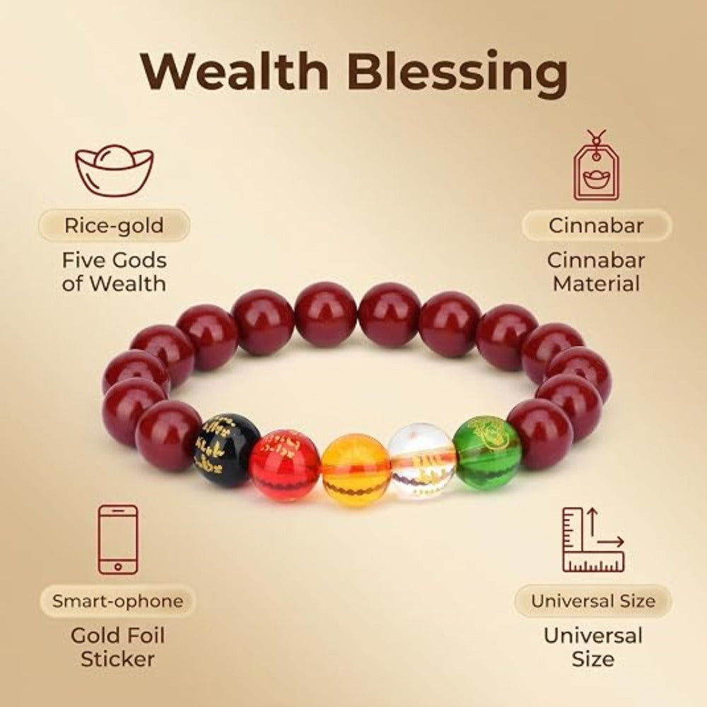 Feng Shui Wealth and Luck Bracelet with Gold Foil Five Gods Amulet-Red Agate Cinnabar Gemstone Bracelet for Prosperity, Protection & Success, Lucky Charm Gift for Men & Women
