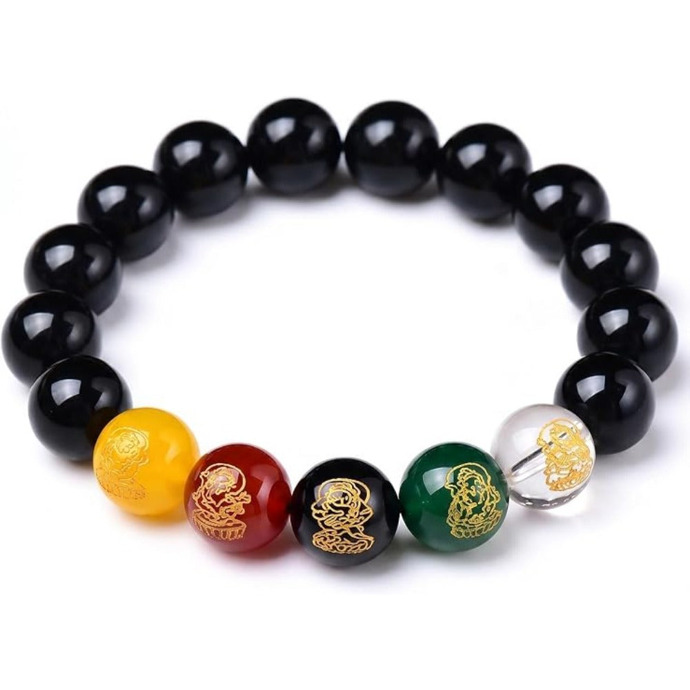 Feng Shui Wealth and Luck Bracelet with Gold Foil Five Gods Amulet-Red Agate Cinnabar Gemstone Bracelet for Prosperity, Protection & Success, Lucky Charm Gift for Men & Women