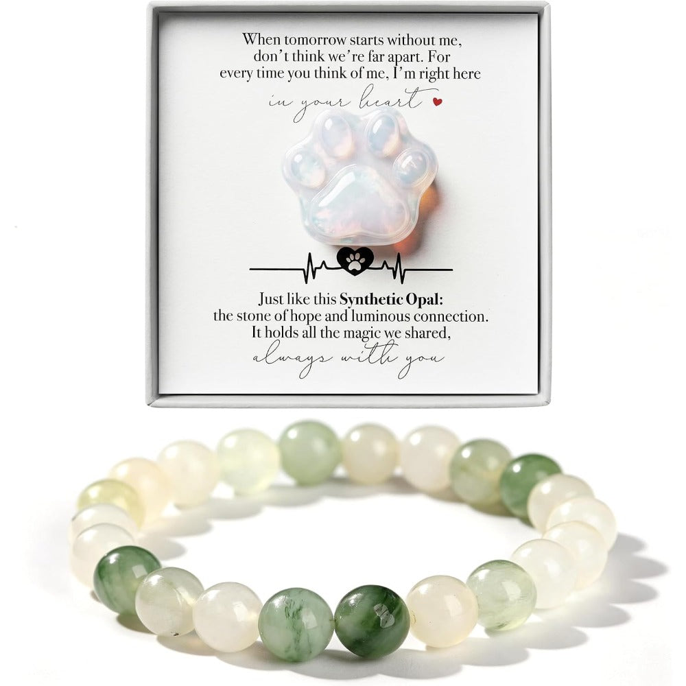 Opalite Pet Memorial Gift Set, Paw Print Stone with 6mm Bracelet, Sympathy Keepsake Card for Loss of Dog or Cat