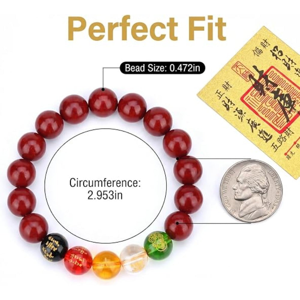 Feng Shui Wealth and Luck Bracelet with Gold Foil Five Gods Amulet-Red Agate Cinnabar Gemstone Bracelet for Prosperity, Protection & Success, Lucky Charm Gift for Men & Women