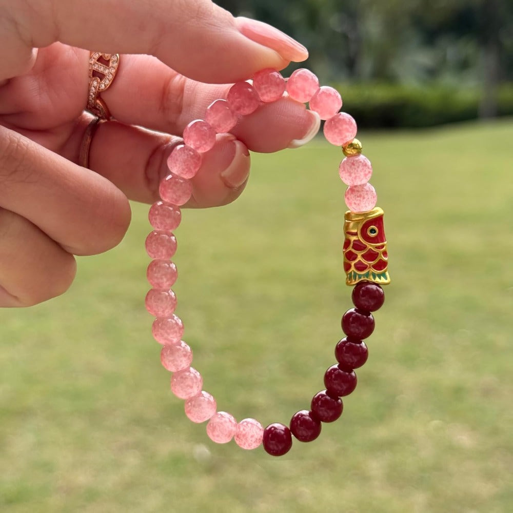 Feng Shui Wealth and Luck Bracelet with Gold Foil Five Gods Amulet-Red Agate Cinnabar Gemstone Bracelet for Prosperity, Protection & Success, Lucky Charm Gift for Men & Women