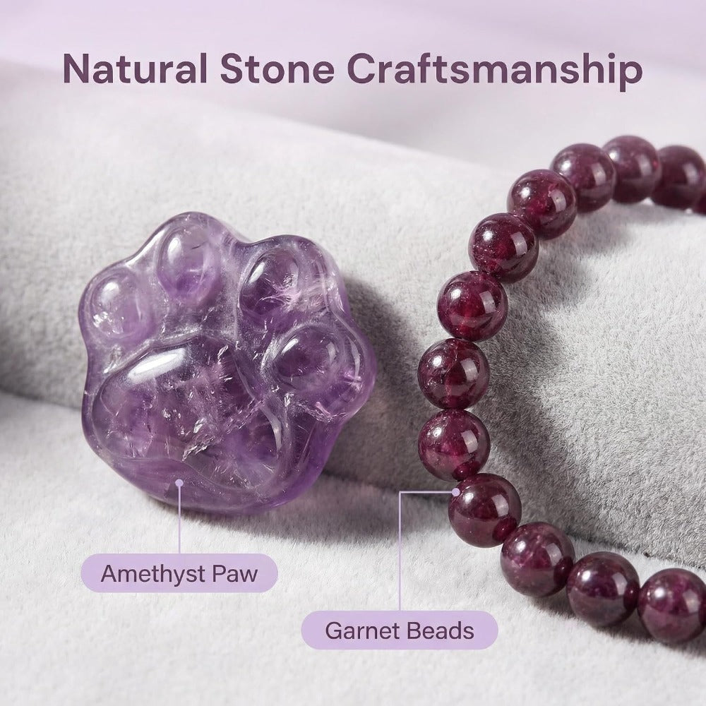 Amethyst Pet Memorial Gift Set, Natural Paw Print Stone with 6mm Bracelet, Sympathy Keepsake Card for Loss of Dog or Cat