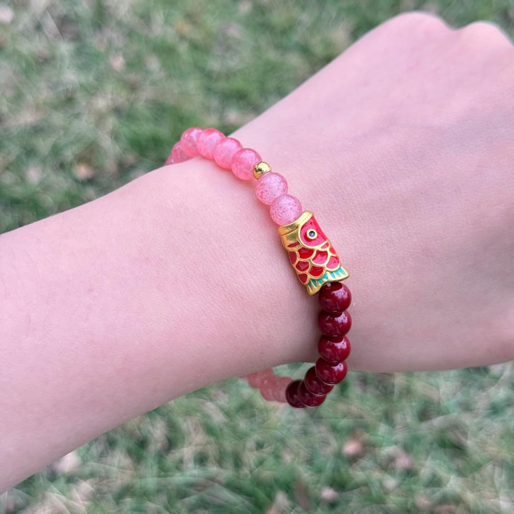 Feng Shui Wealth and Luck Bracelet with Gold Foil Five Gods Amulet-Red Agate Cinnabar Gemstone Bracelet for Prosperity, Protection & Success, Lucky Charm Gift for Men & Women