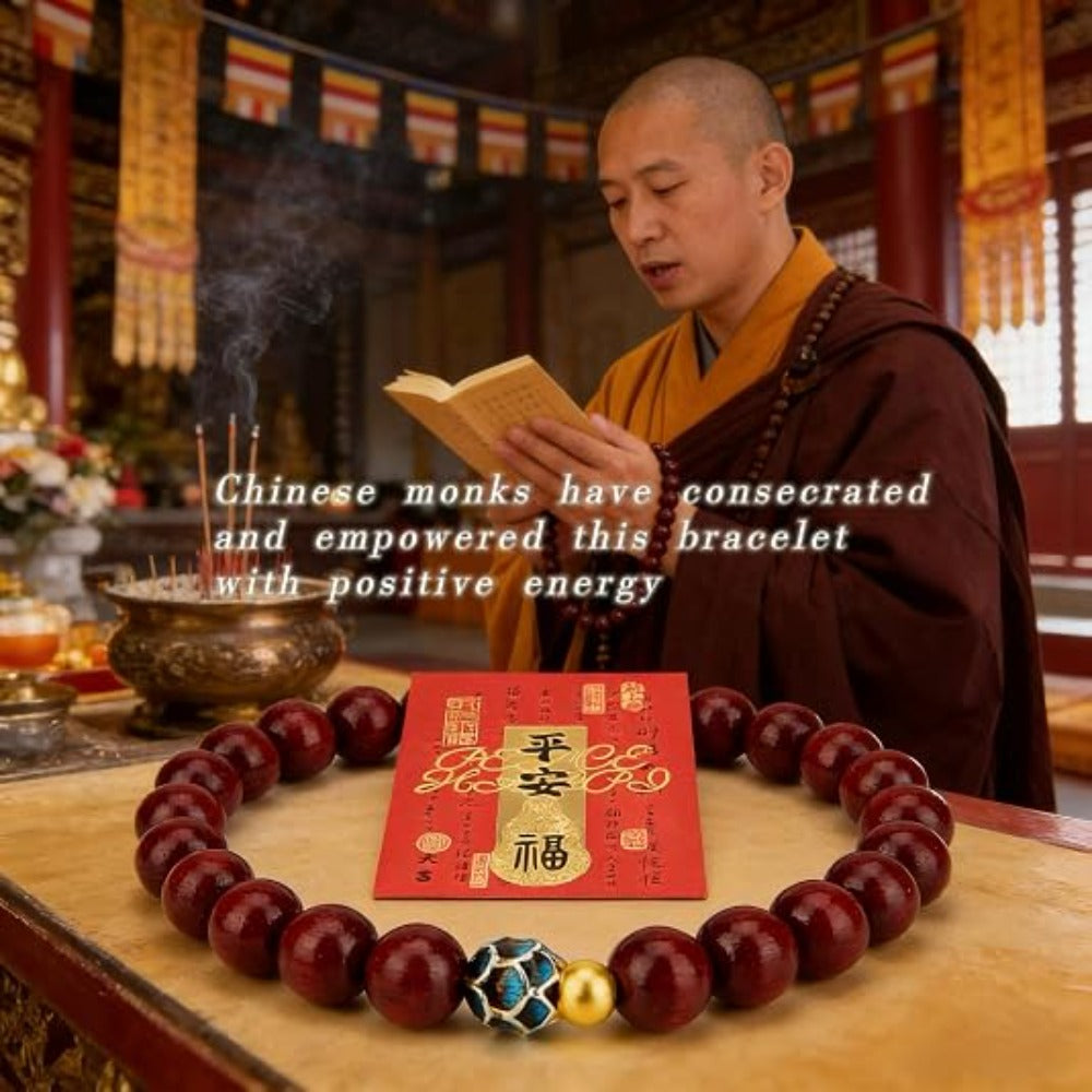 Feng Shui Wealth and Luck Bracelet with Gold Foil Five Gods Amulet-Red Agate Cinnabar Gemstone Bracelet for Prosperity, Protection & Success, Lucky Charm Gift for Men & Women