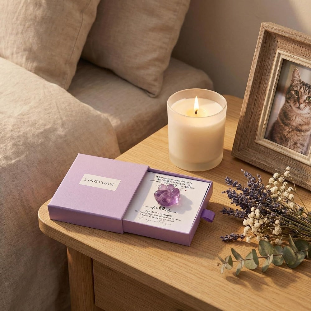 Amethyst Pet Memorial Gift, Paw Print Keepsake Stone in Gift Box for Loss of Dog or Cat, Sympathy Memorial Keepsake