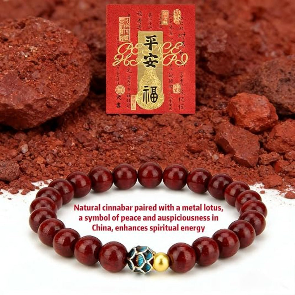 Feng Shui Wealth and Luck Bracelet with Gold Foil Five Gods Amulet-Red Agate Cinnabar Gemstone Bracelet for Prosperity, Protection & Success, Lucky Charm Gift for Men & Women