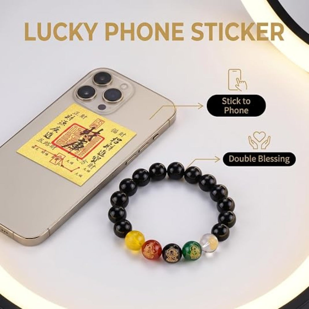 Feng Shui Wealth and Luck Bracelet with Gold Foil Five Gods Amulet-Red Agate Cinnabar Gemstone Bracelet for Prosperity, Protection & Success, Lucky Charm Gift for Men & Women