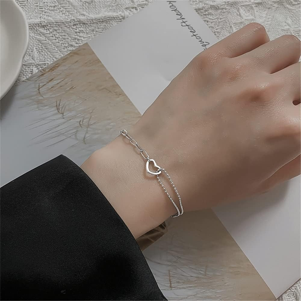 925 Sterling Silver Bracelet for Women, Love Heart Chain Bracelet Bangle, Women’s Link Bracelets