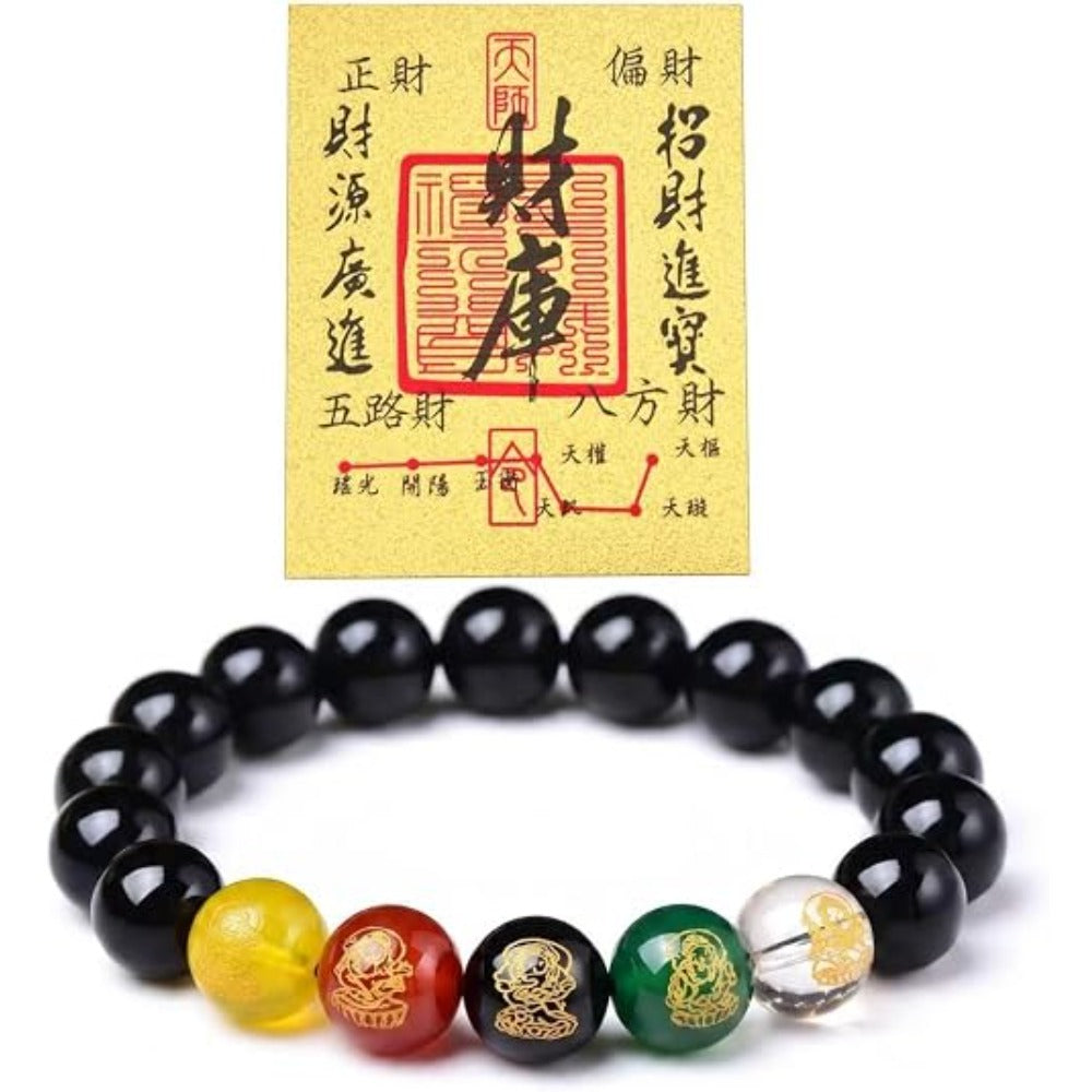 Feng Shui Wealth and Luck Bracelet with Gold Foil Five Gods Amulet-Red Agate Cinnabar Gemstone Bracelet for Prosperity, Protection & Success, Lucky Charm Gift for Men & Women