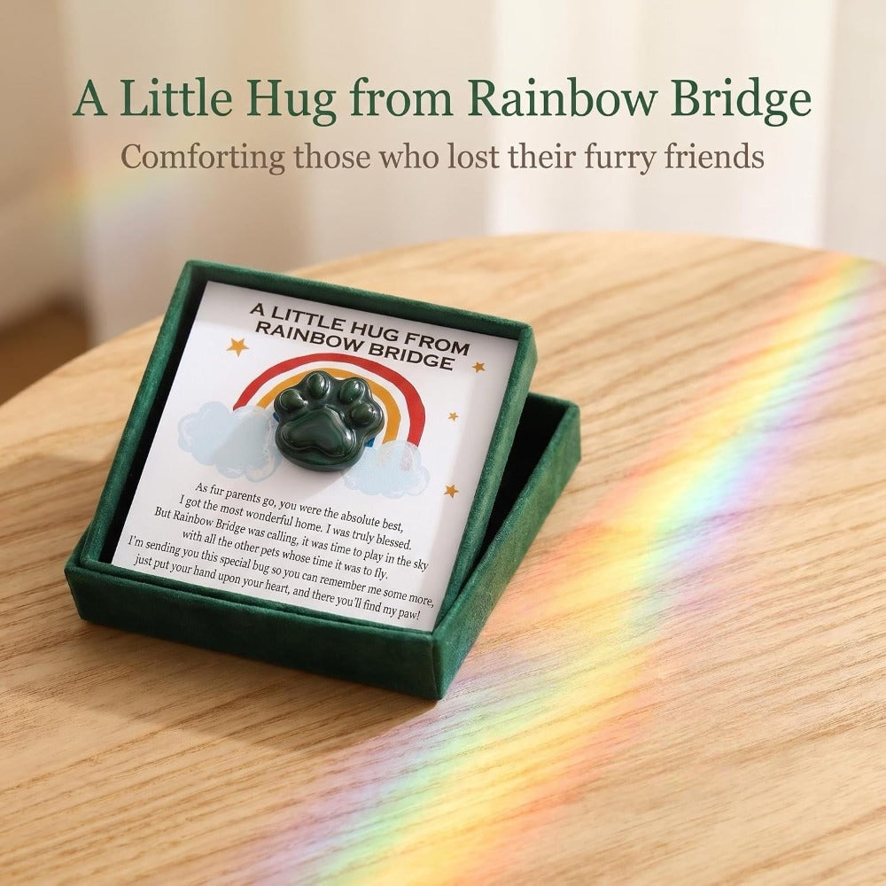 Green Agate Pet Memorial Gift, Natural Paw Print Stone with Rainbow Bridge Card, Sympathy Keepsake for Loss of Dog or Cat