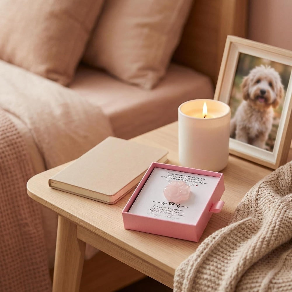 Rose Quartz Pet Memorial Gift, Paw Print Keepsake Stone in Gift Box for Loss of Dog or Cat, Sympathy Memorial Keepsake