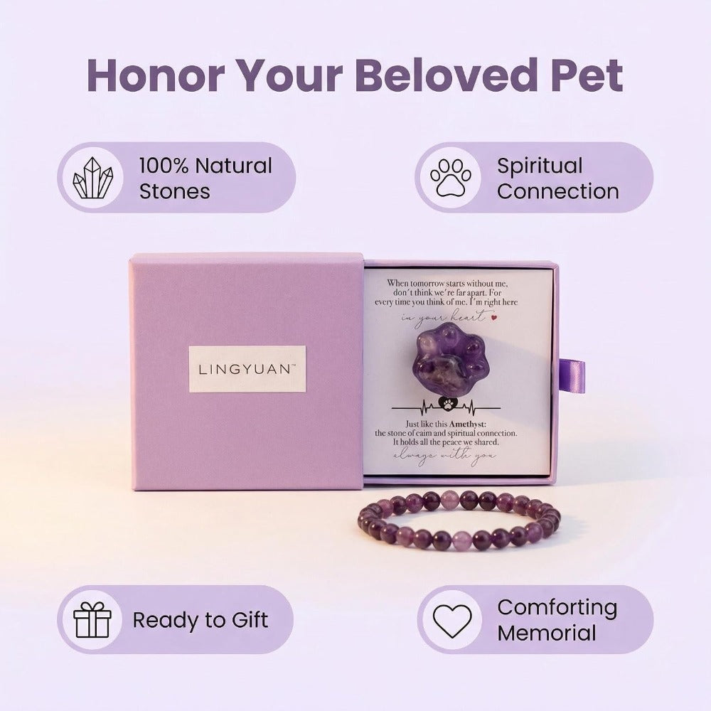 Amethyst Pet Memorial Gift Set, Natural Paw Print Stone with 6mm Bracelet, Sympathy Keepsake Card for Loss of Dog or Cat