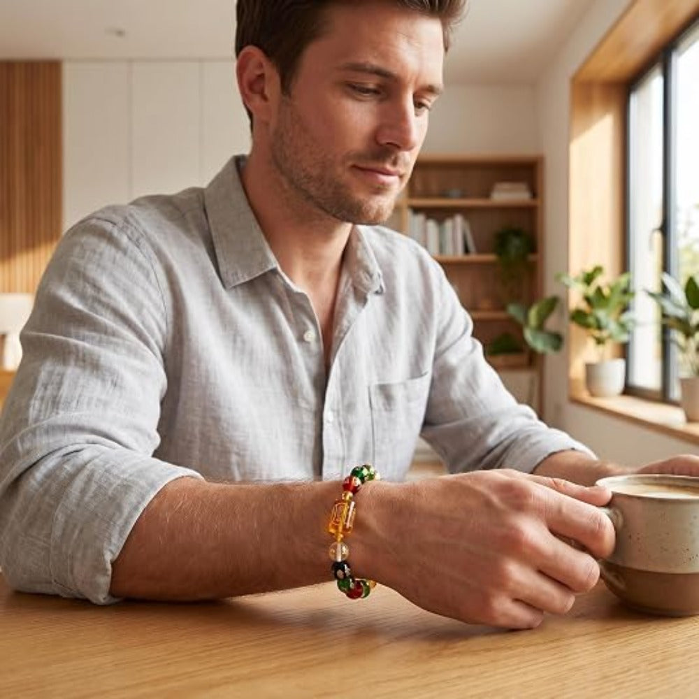 Feng Shui Wealth and Luck Bracelet with Gold Foil Five Gods Amulet-Red Agate Cinnabar Gemstone Bracelet for Prosperity, Protection & Success, Lucky Charm Gift for Men & Women