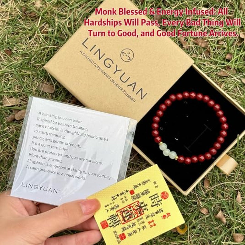 Feng Shui Wealth and Luck Bracelet with Gold Foil Five Gods Amulet-Red Agate Cinnabar Gemstone Bracelet for Prosperity, Protection & Success, Lucky Charm Gift for Men & Women
