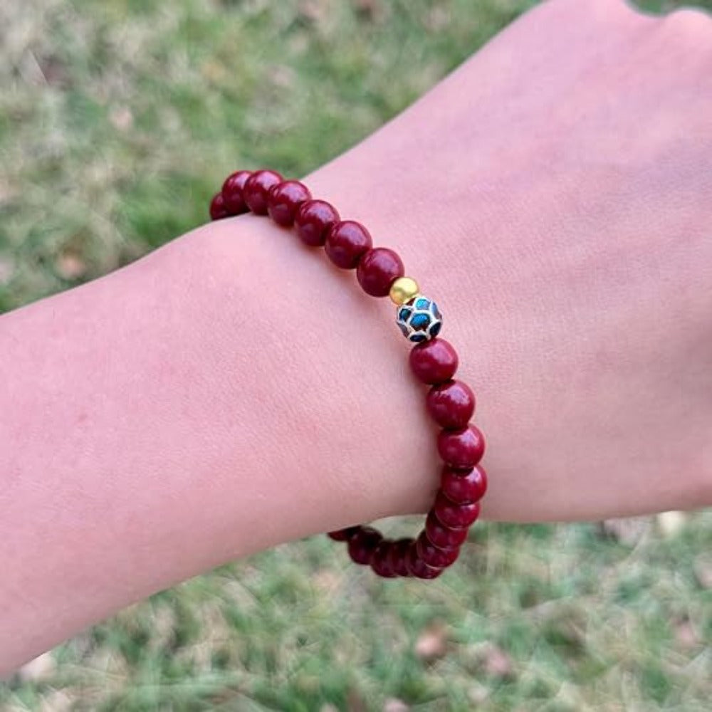 Feng Shui Wealth and Luck Bracelet with Gold Foil Five Gods Amulet-Red Agate Cinnabar Gemstone Bracelet for Prosperity, Protection & Success, Lucky Charm Gift for Men & Women