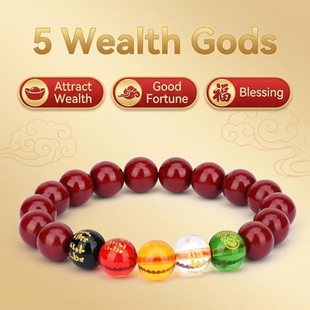 Feng Shui Wealth and Luck Bracelet with Gold Foil Five Gods Amulet-Red Agate Cinnabar Gemstone Bracelet for Prosperity, Protection & Success, Lucky Charm Gift for Men & Women