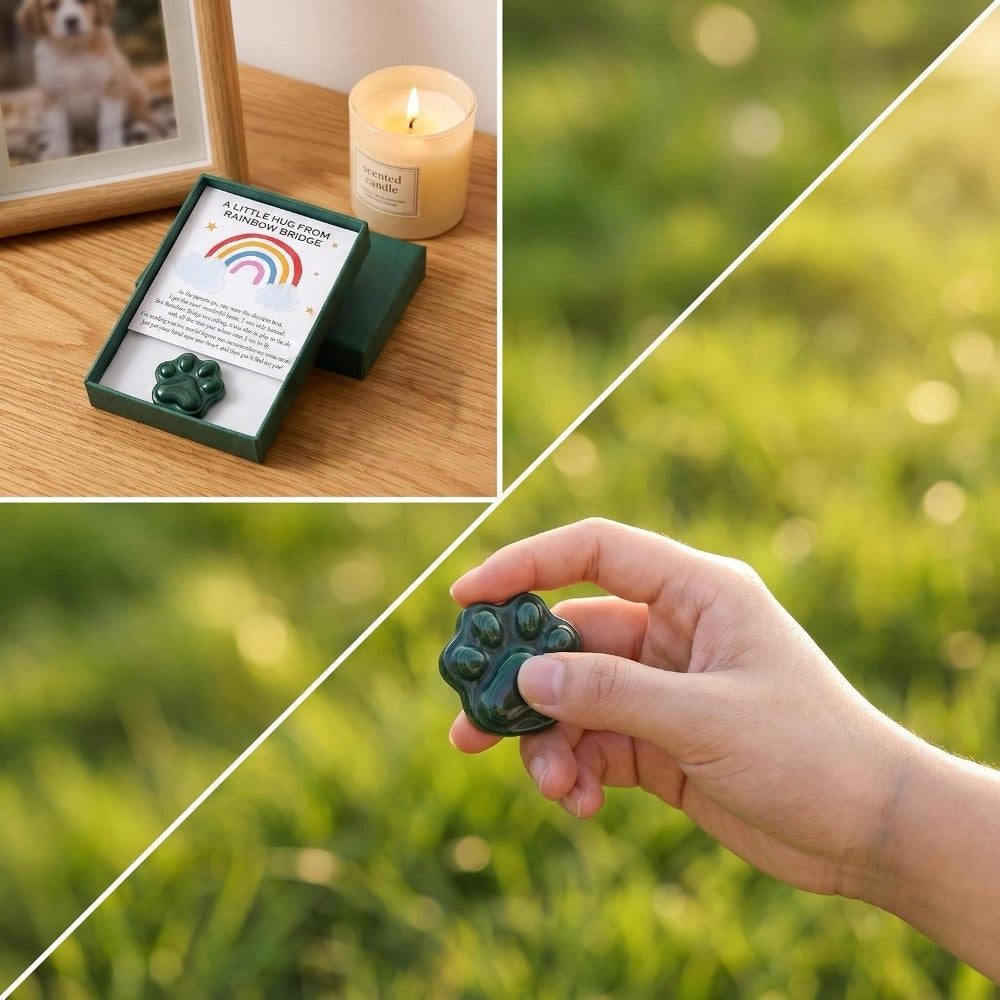 Green Agate Pet Memorial Gift, Natural Paw Print Stone with Rainbow Bridge Card, Sympathy Keepsake for Loss of Dog or Cat