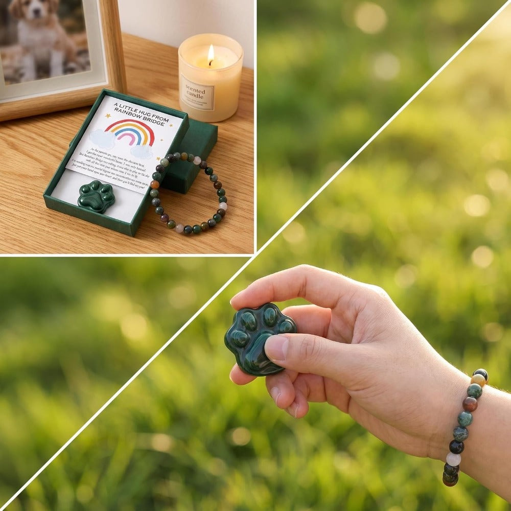Green Agate Pet Memorial Gift Set, Natural Paw Print Stone with 6mm Bracelet, Rainbow Bridge Sympathy Keepsake for Loss of Dog or Cat