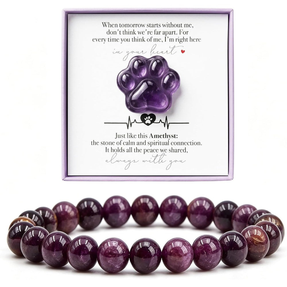 Amethyst Pet Memorial Gift Set, Natural Paw Print Stone with 6mm Bracelet, Sympathy Keepsake Card for Loss of Dog or Cat