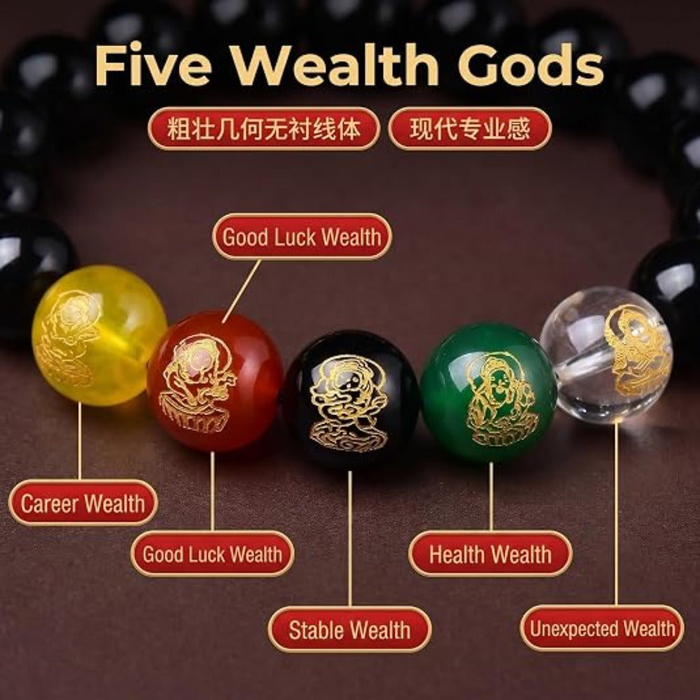 Feng Shui Wealth and Luck Bracelet with Gold Foil Five Gods Amulet-Red Agate Cinnabar Gemstone Bracelet for Prosperity, Protection & Success, Lucky Charm Gift for Men & Women
