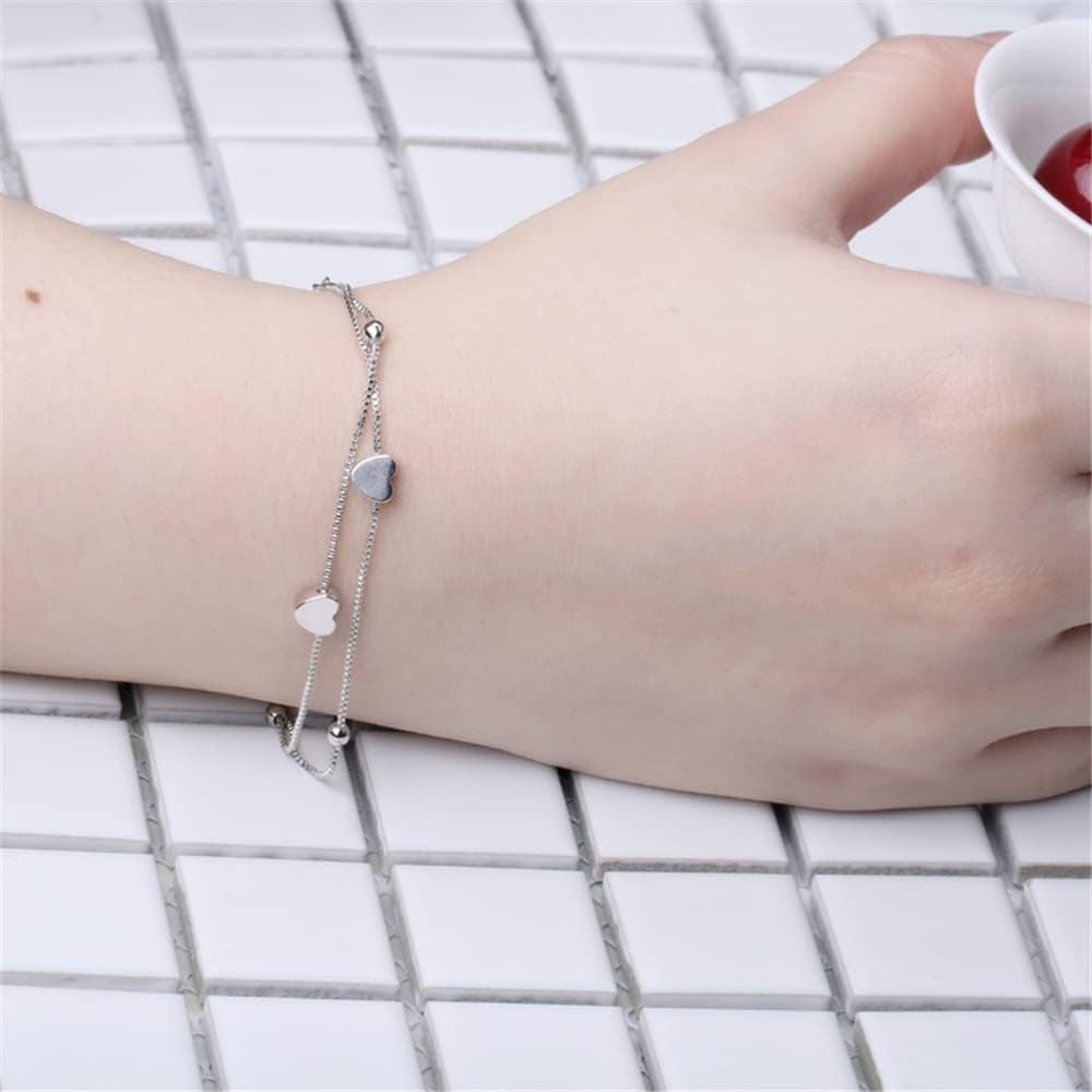 925 Sterling Silver Bracelet for Women, Love Heart Chain Bracelet Bangle, Women’s Link Bracelets