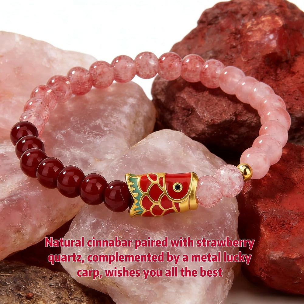 Feng Shui Wealth and Luck Bracelet with Gold Foil Five Gods Amulet-Red Agate Cinnabar Gemstone Bracelet for Prosperity, Protection & Success, Lucky Charm Gift for Men & Women
