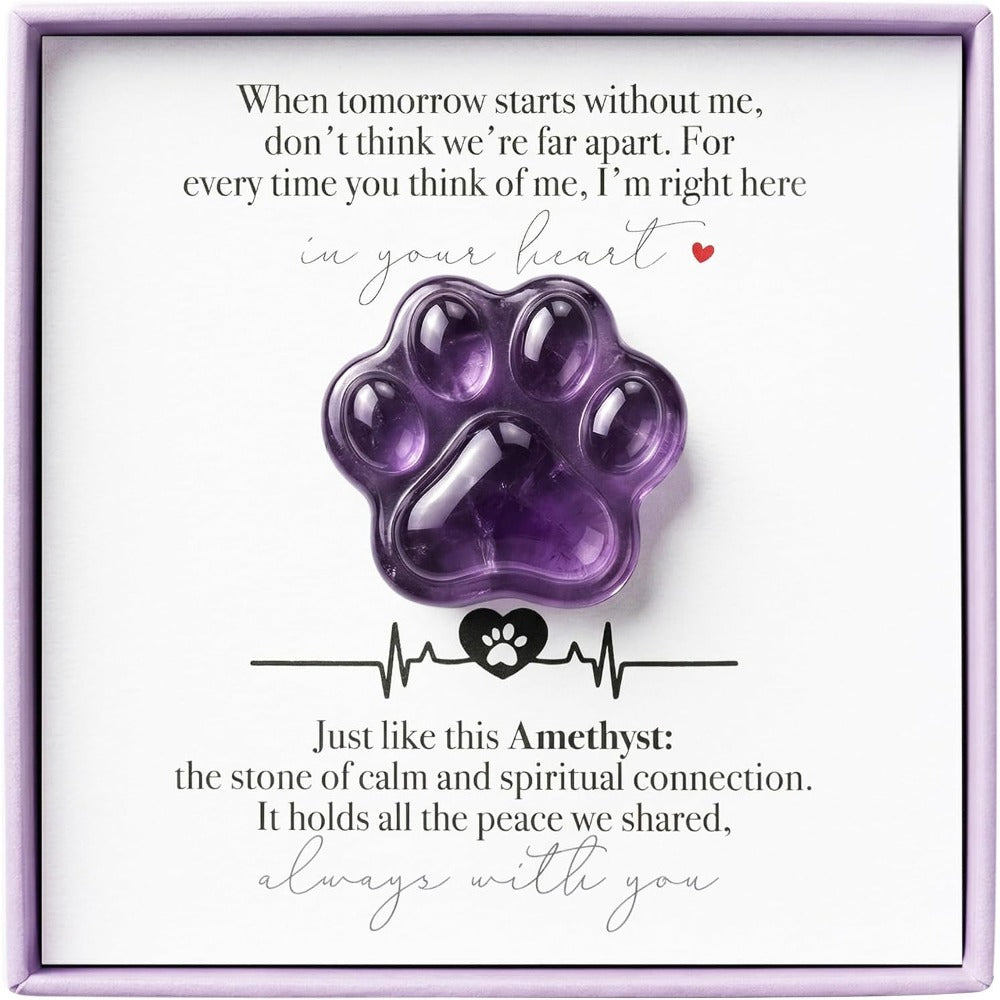 Amethyst Pet Memorial Gift, Paw Print Keepsake Stone in Gift Box for Loss of Dog or Cat, Sympathy Memorial Keepsake