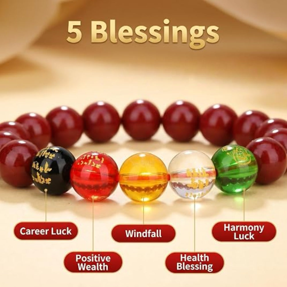 Feng Shui Wealth and Luck Bracelet with Gold Foil Five Gods Amulet-Red Agate Cinnabar Gemstone Bracelet for Prosperity, Protection & Success, Lucky Charm Gift for Men & Women