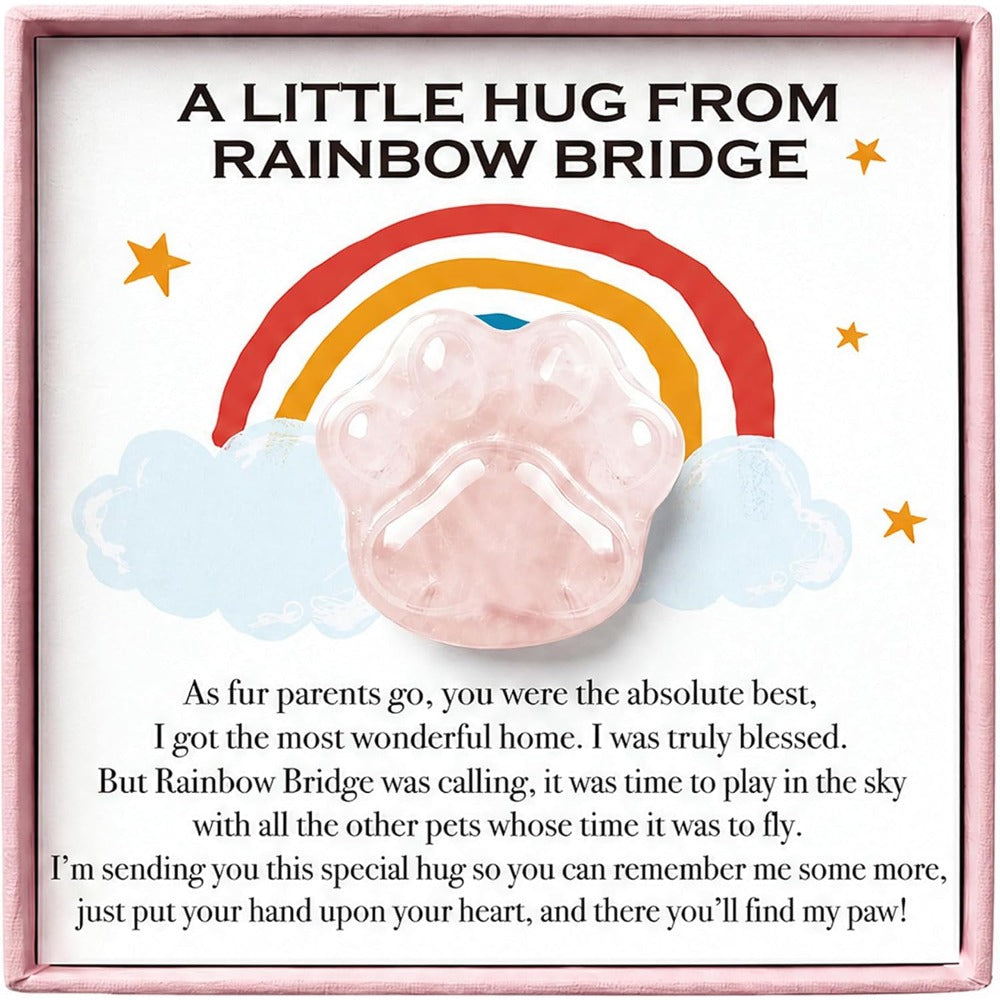 Rose Quartz Pet Memorial Gift, Natural Paw Print Stone with Rainbow Bridge Card, Sympathy Keepsake for Loss of Dog or Cat