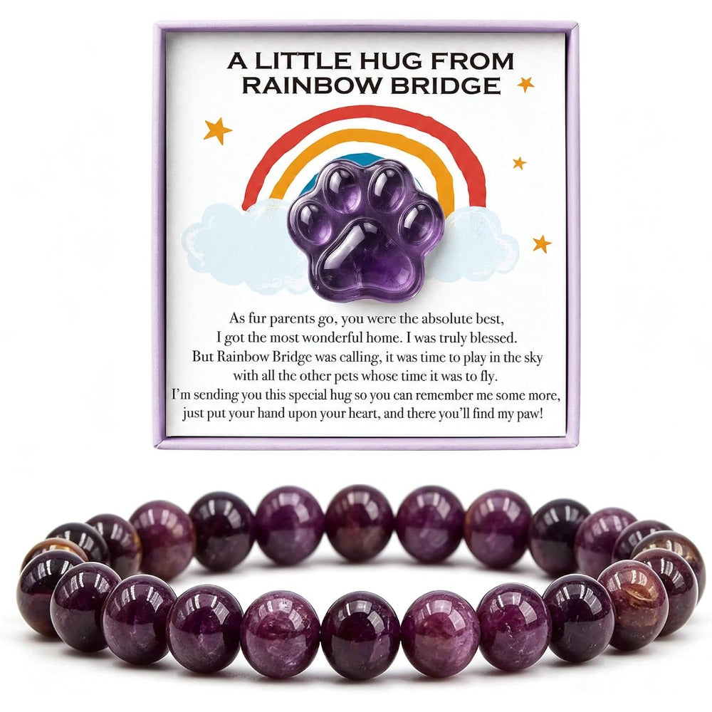 Amethyst Pet Memorial Gift Set, Natural Paw Print Stone with 6mm Bracelet, Rainbow Bridge Sympathy Keepsake for Loss of Dog or Cat