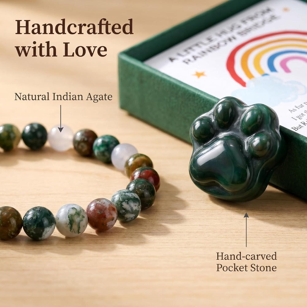 Green Agate Pet Memorial Gift Set, Natural Paw Print Stone with 6mm Bracelet, Rainbow Bridge Sympathy Keepsake for Loss of Dog or Cat