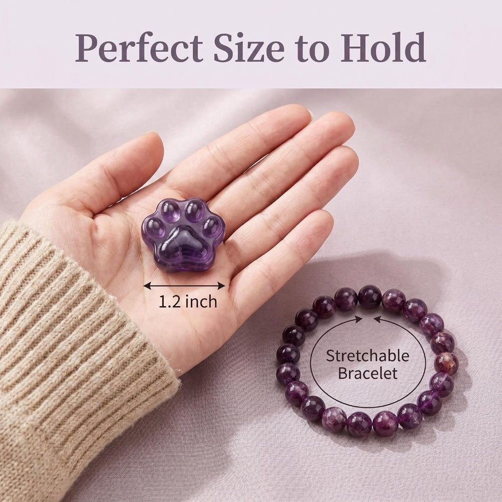 Amethyst Pet Memorial Gift Set, Natural Paw Print Stone with 6mm Bracelet, Rainbow Bridge Sympathy Keepsake for Loss of Dog or Cat