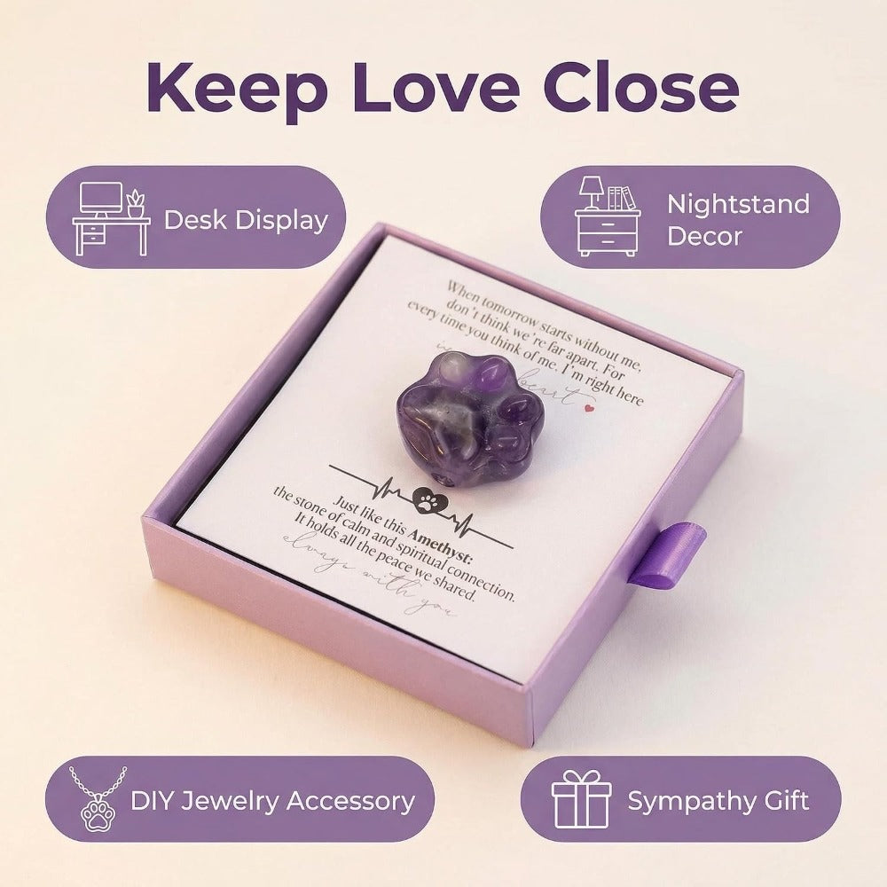 Amethyst Pet Memorial Gift, Paw Print Keepsake Stone in Gift Box for Loss of Dog or Cat, Sympathy Memorial Keepsake