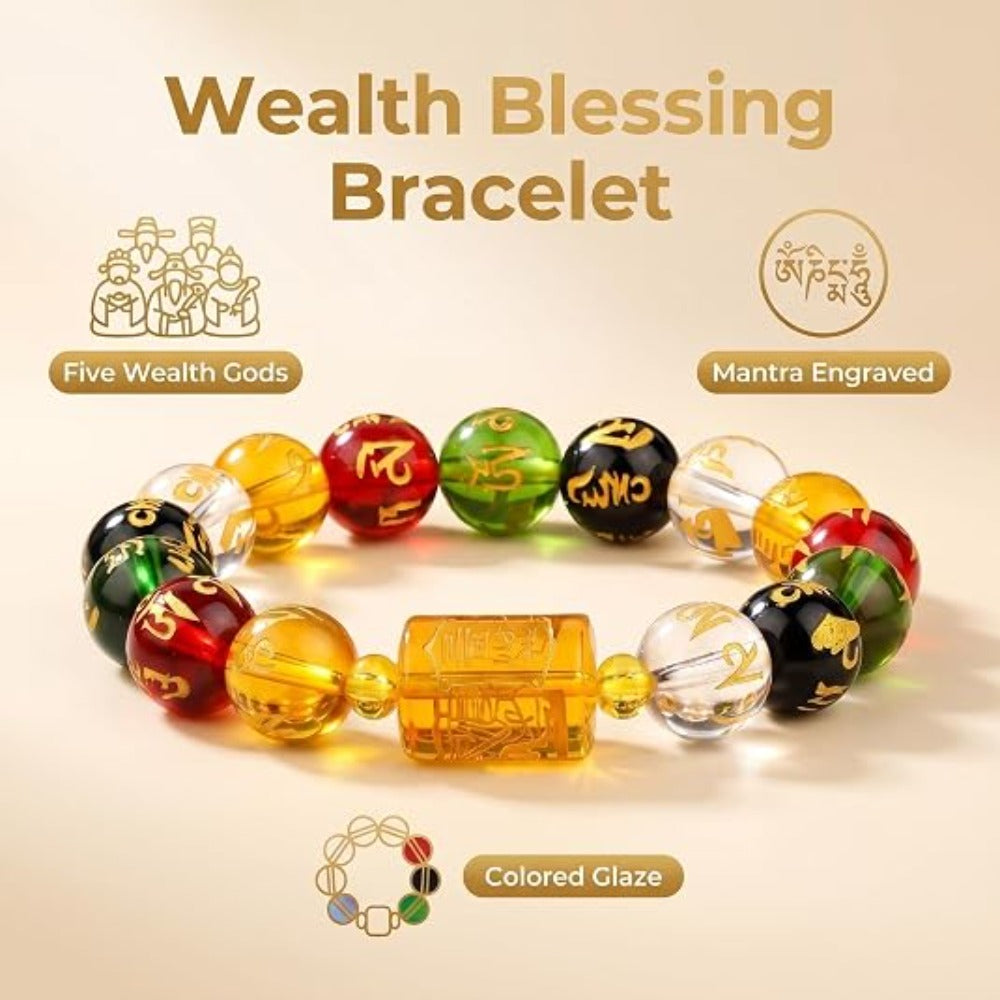 Feng Shui Wealth and Luck Bracelet with Gold Foil Five Gods Amulet-Red Agate Cinnabar Gemstone Bracelet for Prosperity, Protection & Success, Lucky Charm Gift for Men & Women