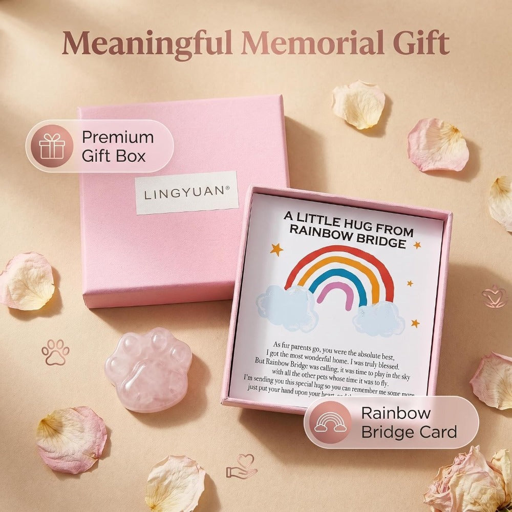 Rose Quartz Pet Memorial Gift, Natural Paw Print Stone with Rainbow Bridge Card, Sympathy Keepsake for Loss of Dog or Cat