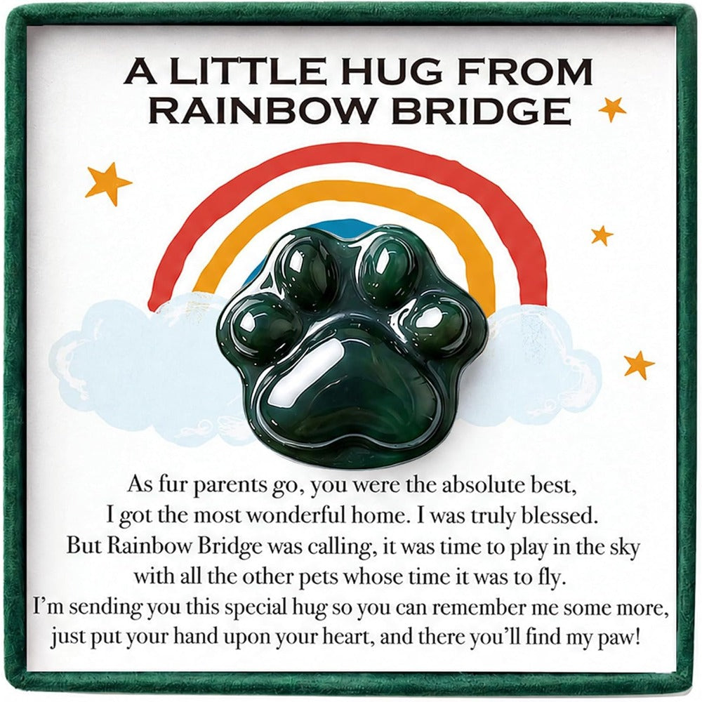 Green Agate Pet Memorial Gift, Natural Paw Print Stone with Rainbow Bridge Card, Sympathy Keepsake for Loss of Dog or Cat