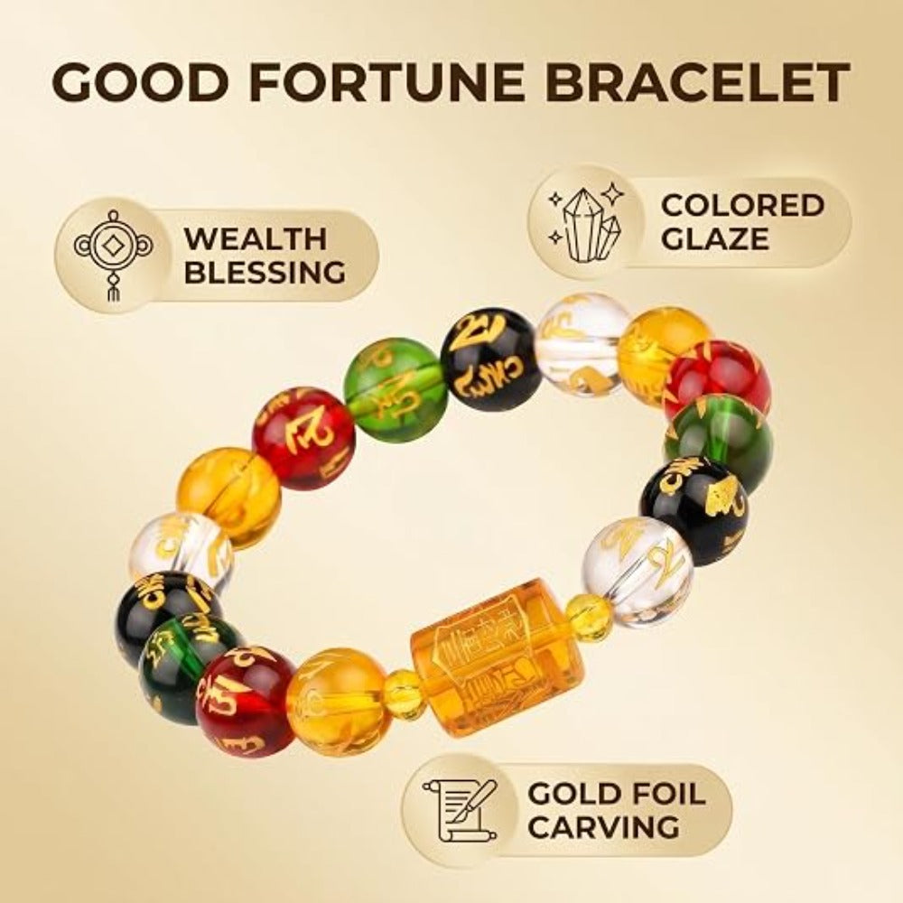 Feng Shui Wealth and Luck Bracelet with Gold Foil Five Gods Amulet-Red Agate Cinnabar Gemstone Bracelet for Prosperity, Protection & Success, Lucky Charm Gift for Men & Women
