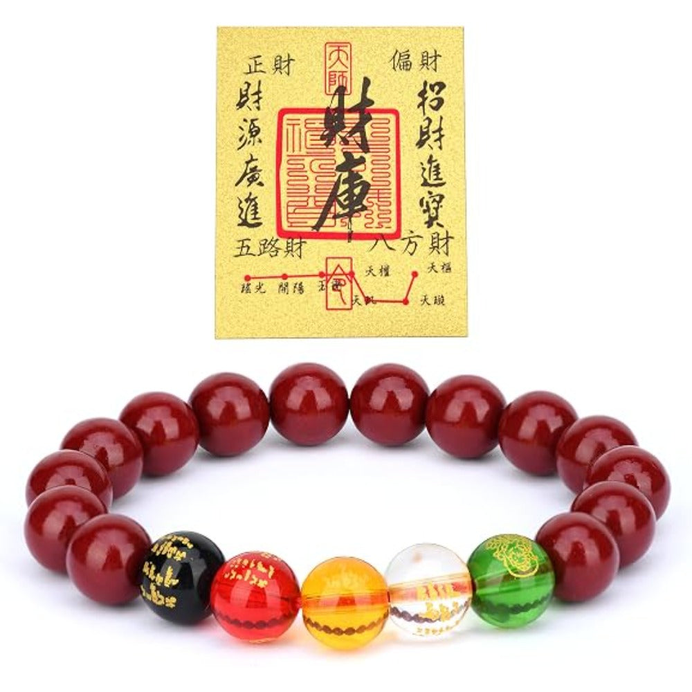 Feng Shui Wealth and Luck Bracelet with Gold Foil Five Gods Amulet-Red Agate Cinnabar Gemstone Bracelet for Prosperity, Protection & Success, Lucky Charm Gift for Men & Women