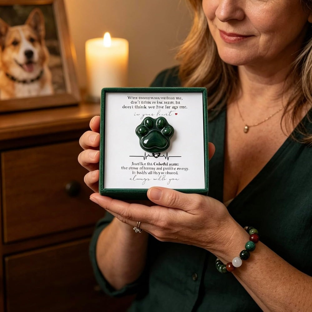 Natural Indian Agate Pet Memorial Gift Set with Paw Print Stone & Bracelet