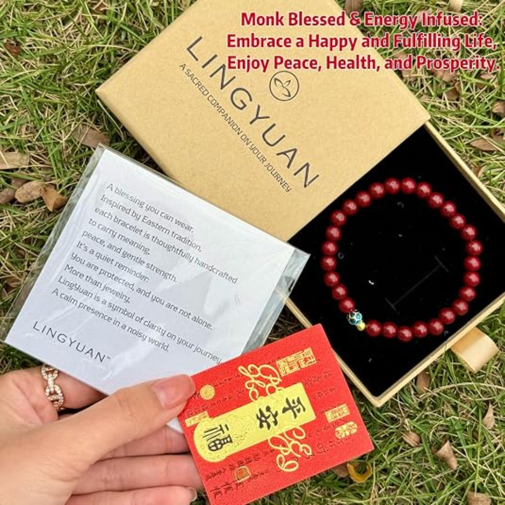 Feng Shui Wealth and Luck Bracelet with Gold Foil Five Gods Amulet-Red Agate Cinnabar Gemstone Bracelet for Prosperity, Protection & Success, Lucky Charm Gift for Men & Women